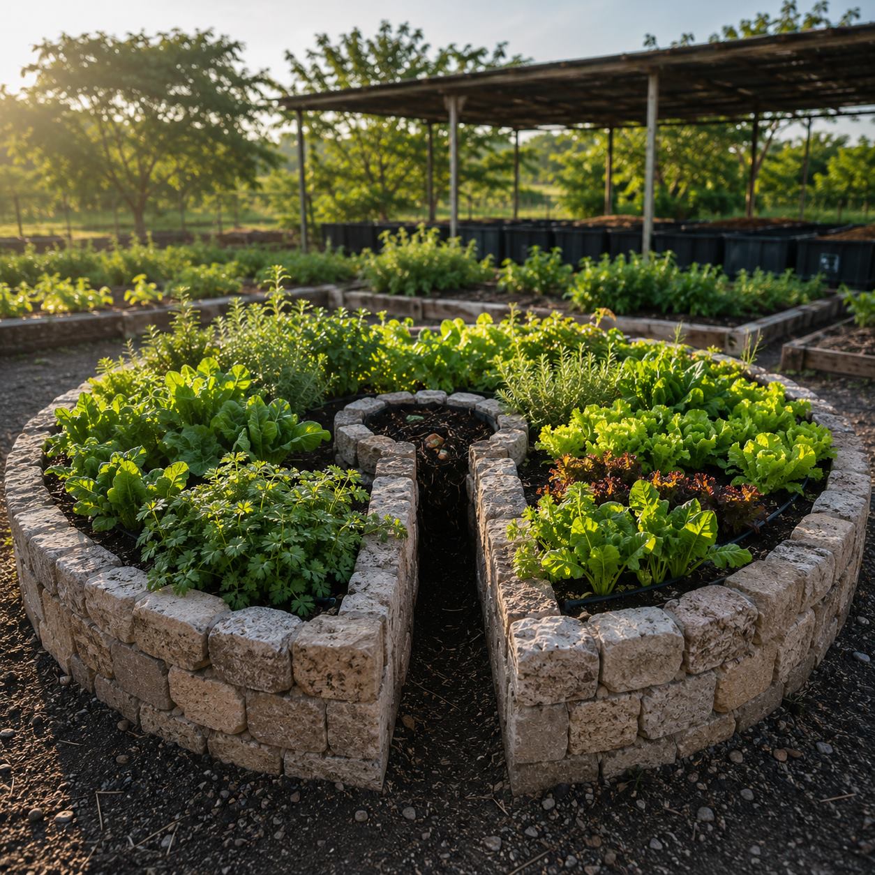Huerto circular Keyhole con cultivo visible